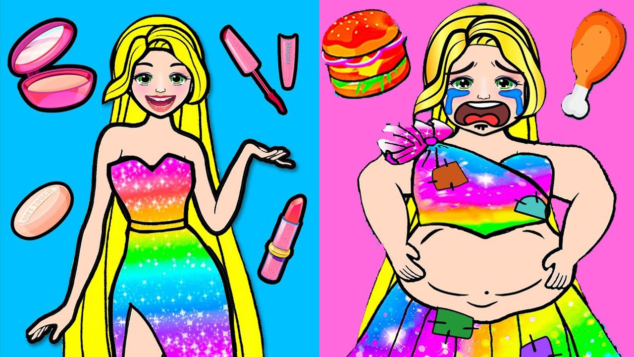 Paper Dolls Dress Up - Rainbow Rapunzel Fat & Thin Sinister Best Friend Dress - Barbie Story & Craft