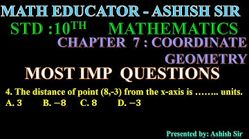 4. The distance of point (8,-3) from the x-axis is …….. units.A. 𝟑   B. −𝟖   C. 𝟖   D. −𝟑