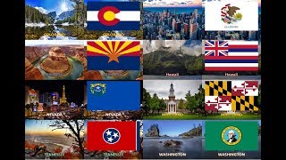 50 States of America ( USA ) - All Flags with landmark or landscape images