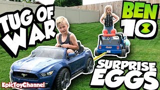Surprise Eggs Vs Ben 10 In Power Wheels Tug Of War With Ben 10 Toys & Power Wheels Ride On Kid Cars