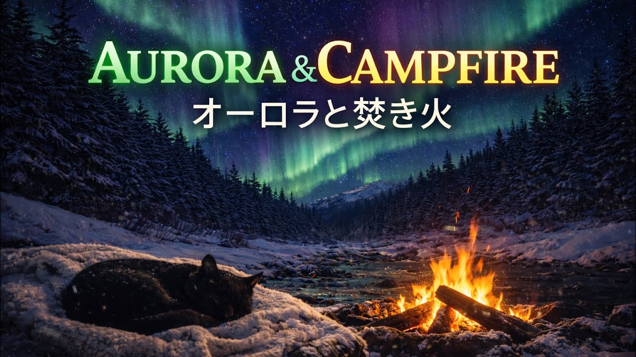 Aurora Night Campfire 🔥🐈‍⬛ Sleep & Study Ambience | Relaxing Campfire Sound | 睡眠・作業用 焚き火とオーロラ 1 Hour