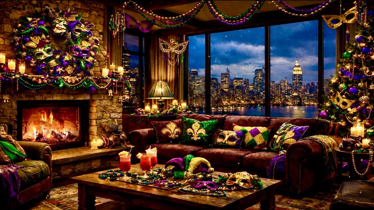 🎭 Mardi Gras Smooth Jazz Piano ✨ Crackling Fireplace & Rain Sounds ✨ Cozy Ambience 🎭
