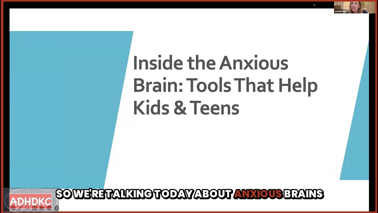 First slide of Inside the anxious brain, tools that help kids and teens with teal background and title in a white angled block.