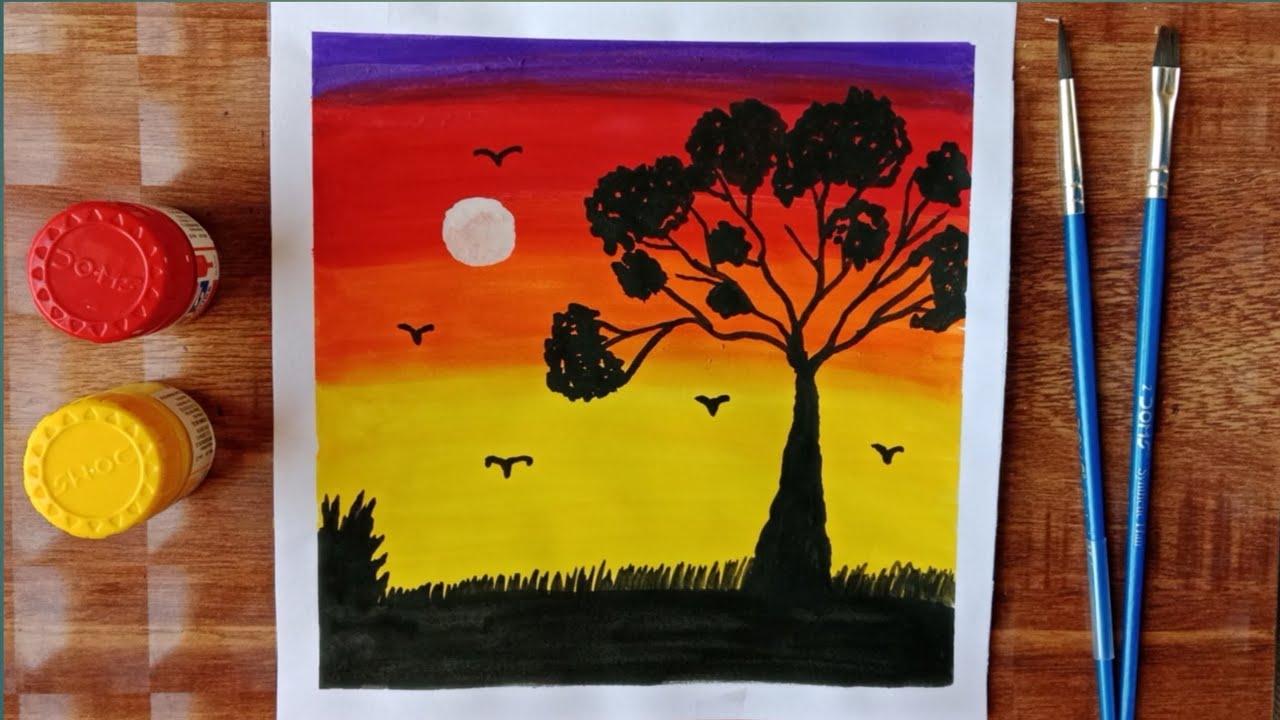 Easy sunset painting for Beginners || Poster colour painting Tutorial ...