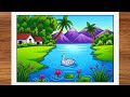 How to Draw Scenery of Swan in the River Step by Step | Beautiful Nature Scenery Drawing