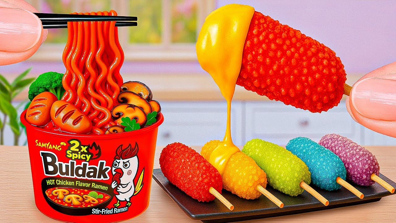 Best Of Combo Food 😄 How To Make Mini Fried Chicken Thigh With Spicy Noodle 🍽️Rumi Tiny