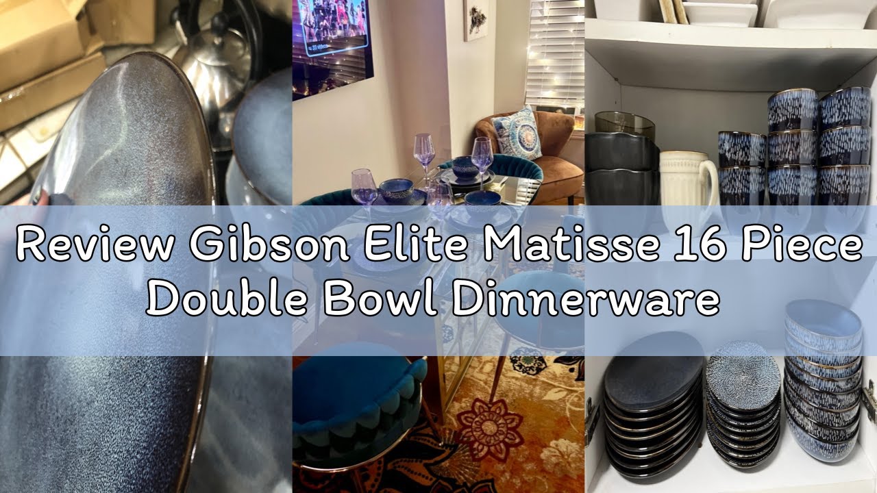 Review Gibson Elite Matisse 16 Piece Double Bowl Dinnerware Set, Cobalt Blue, Service for 4 (16pcs)