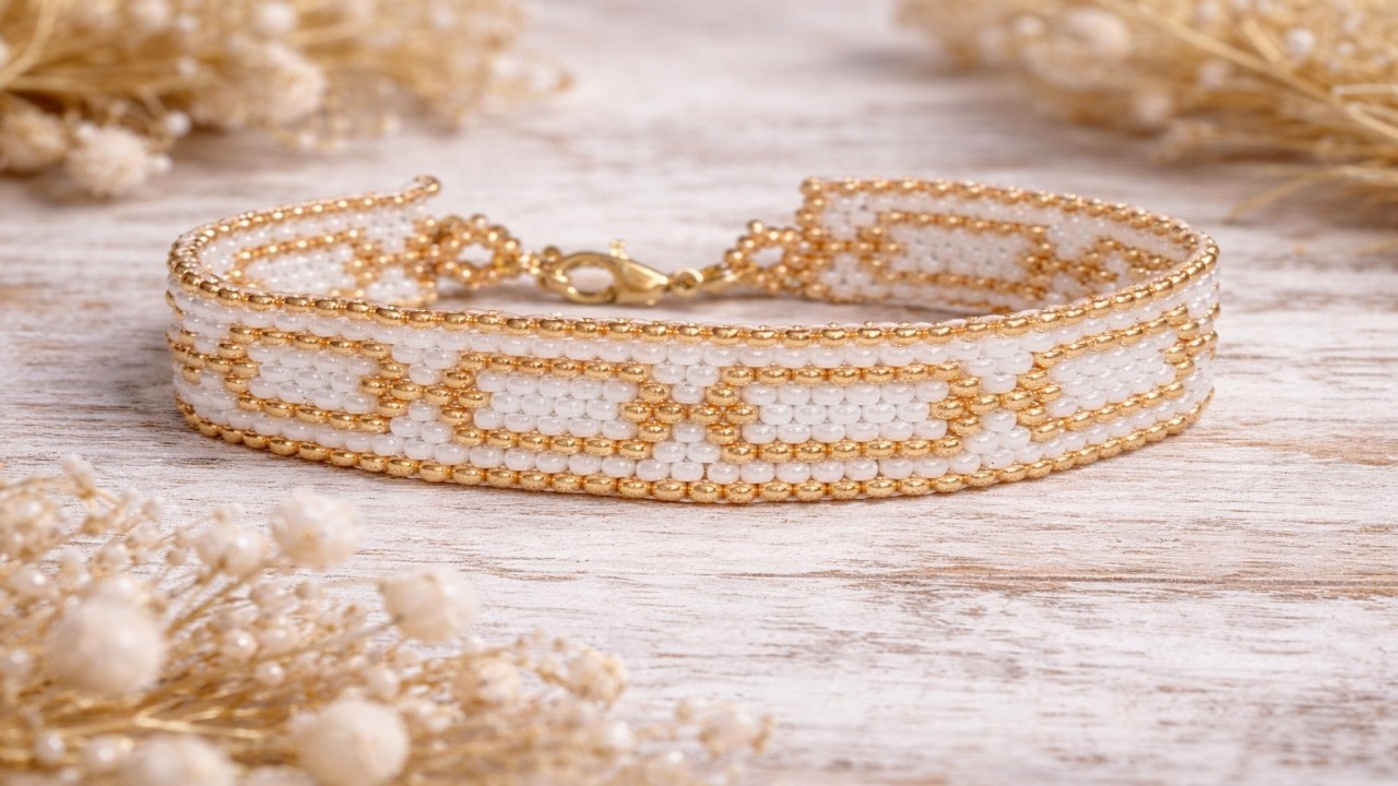 Bracelet chaîne tissage peyote doré et blanc