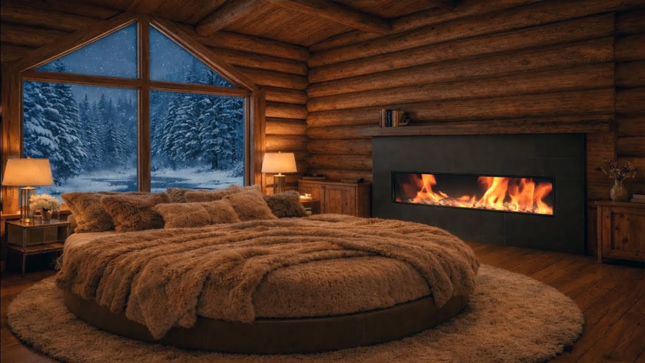 Cozy Winter Cabin Bedroom Ambience ❄️ Fireplace Glow, Snowfall & Deep Sleep Relaxation
