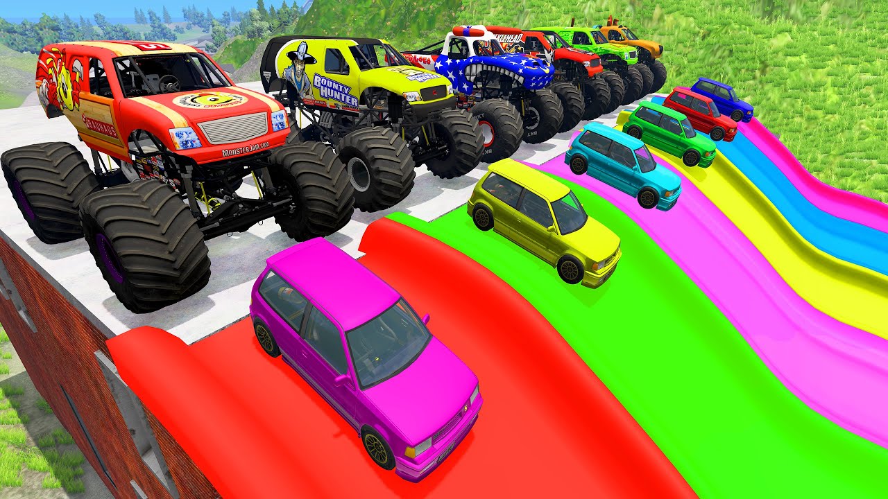 Monster Trucks & Car Color High Speed With Slide color vs Speed Bump Lava Pit - HT Gameplay Official