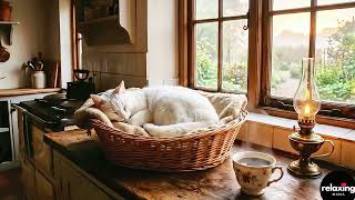 Cozy Kitchen Rain Sounds & Soft Music | Sleeping Cat, ASMR Ambience for Slow Mornings (5 Hours)