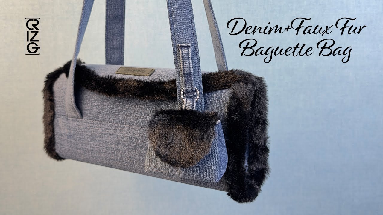 Denim Faux Fur Baguette Bag from upcycling old jeans and faux fur