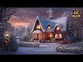 Cozy christmas cottage ambience on a blustery cold winter day with falling snow  4k 