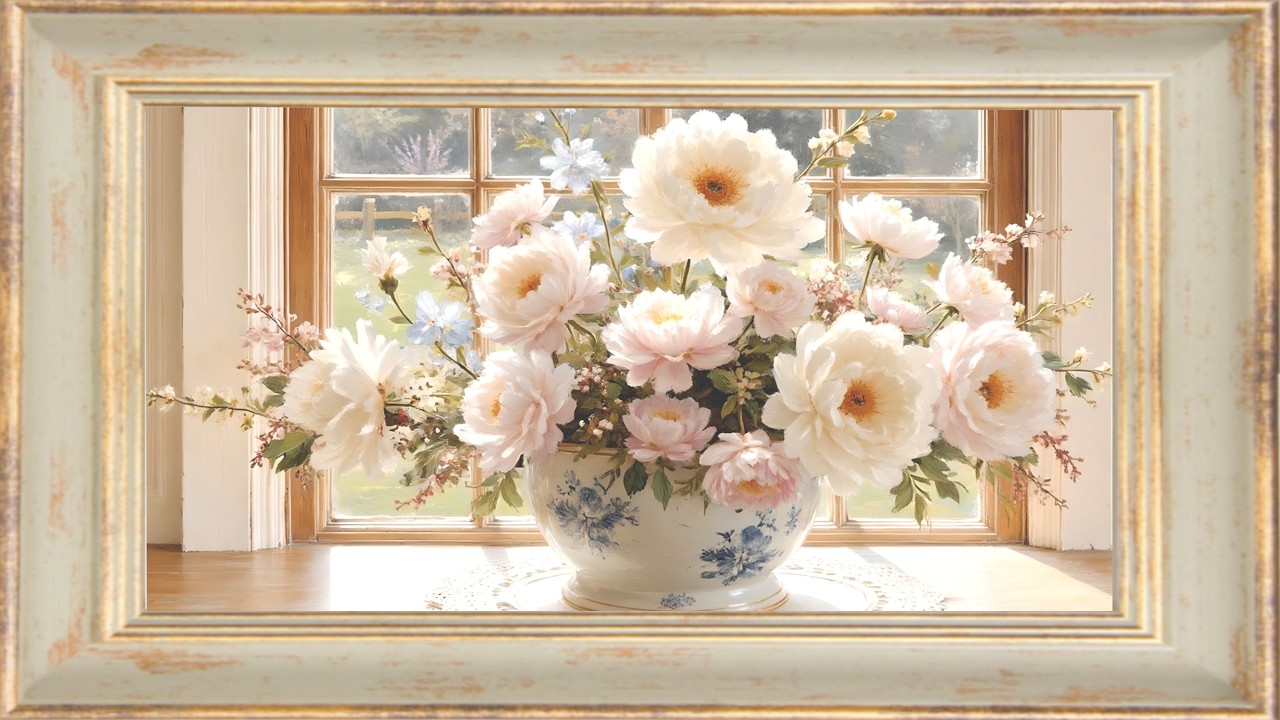Peony White Dream | Framed Floral Painting | Spring Screensaver | Mother's Day Flowers