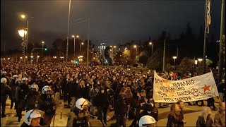 A river of anarchist Black Block protesters cuts through Athens cityscape (17 November 2021)