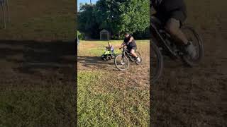 Kids rides ATV around yard then crash into trampoline