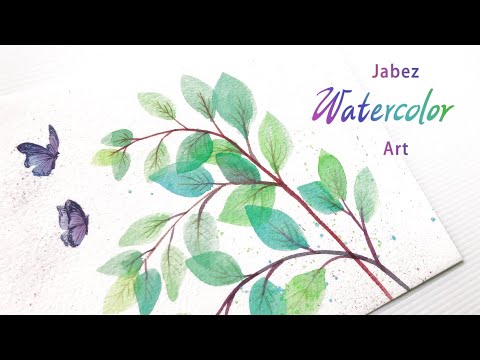 水彩畫《清新植物》畫綠葉與紫蝶《DIY彩繪系列 #264》