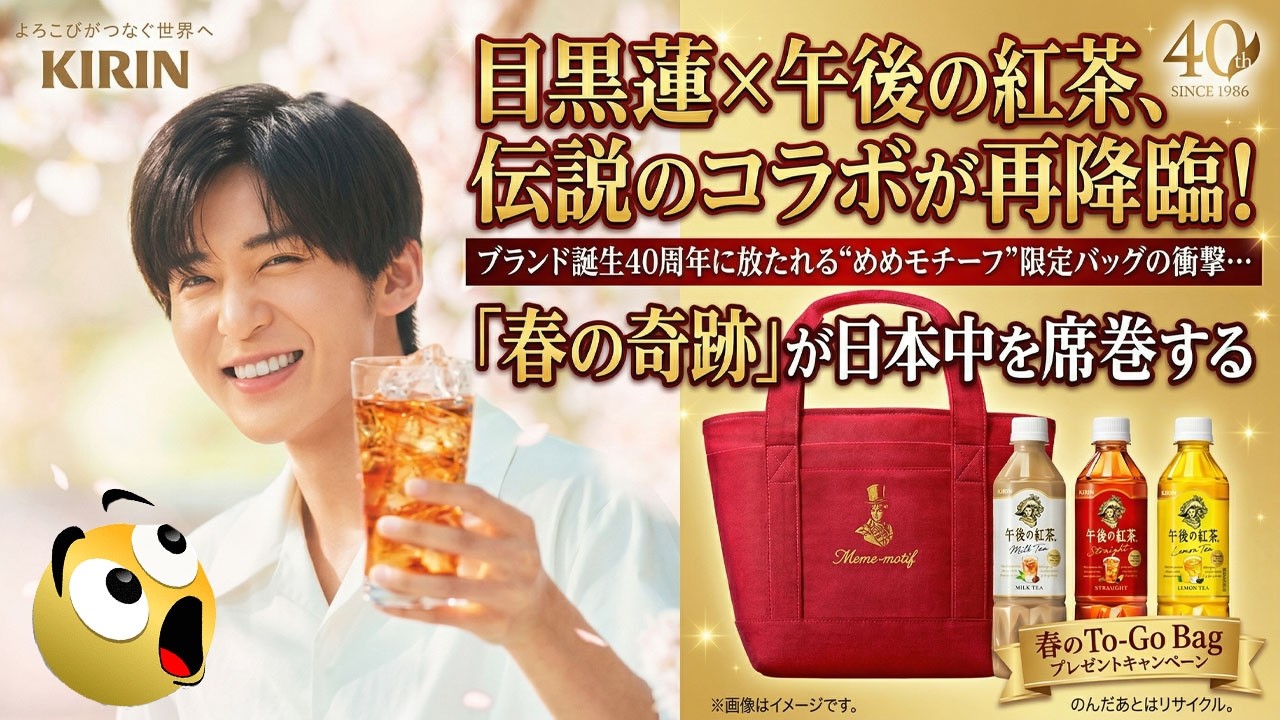 目黒蓮×午後の紅茶、再びの奇跡！40周年記念“めめモチーフ”限定バッグ