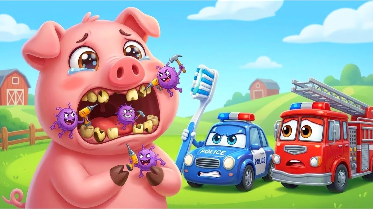 Blue Police Car & Friends 🚓 | Baby Pig’s Tooth Germ Battle 🐷🦷 | Rescue Cars Fun