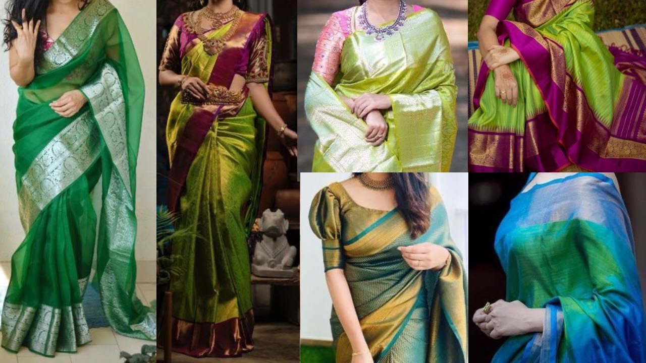 Best Green Saree with contrast blouse design ideas, New combination ...