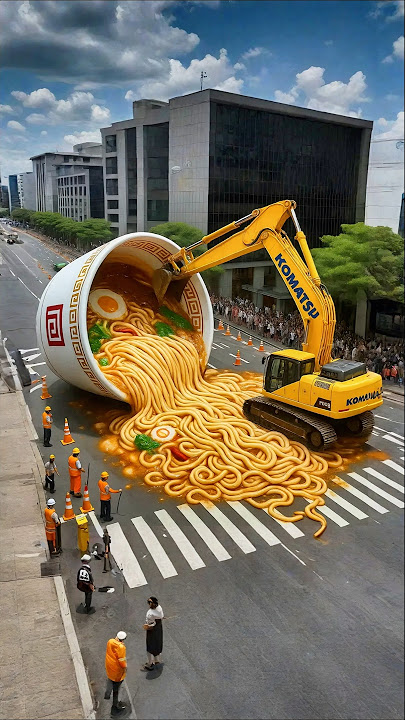 Evolution from excavator taking care of giant ramen spilled on the road to living room atmosphere