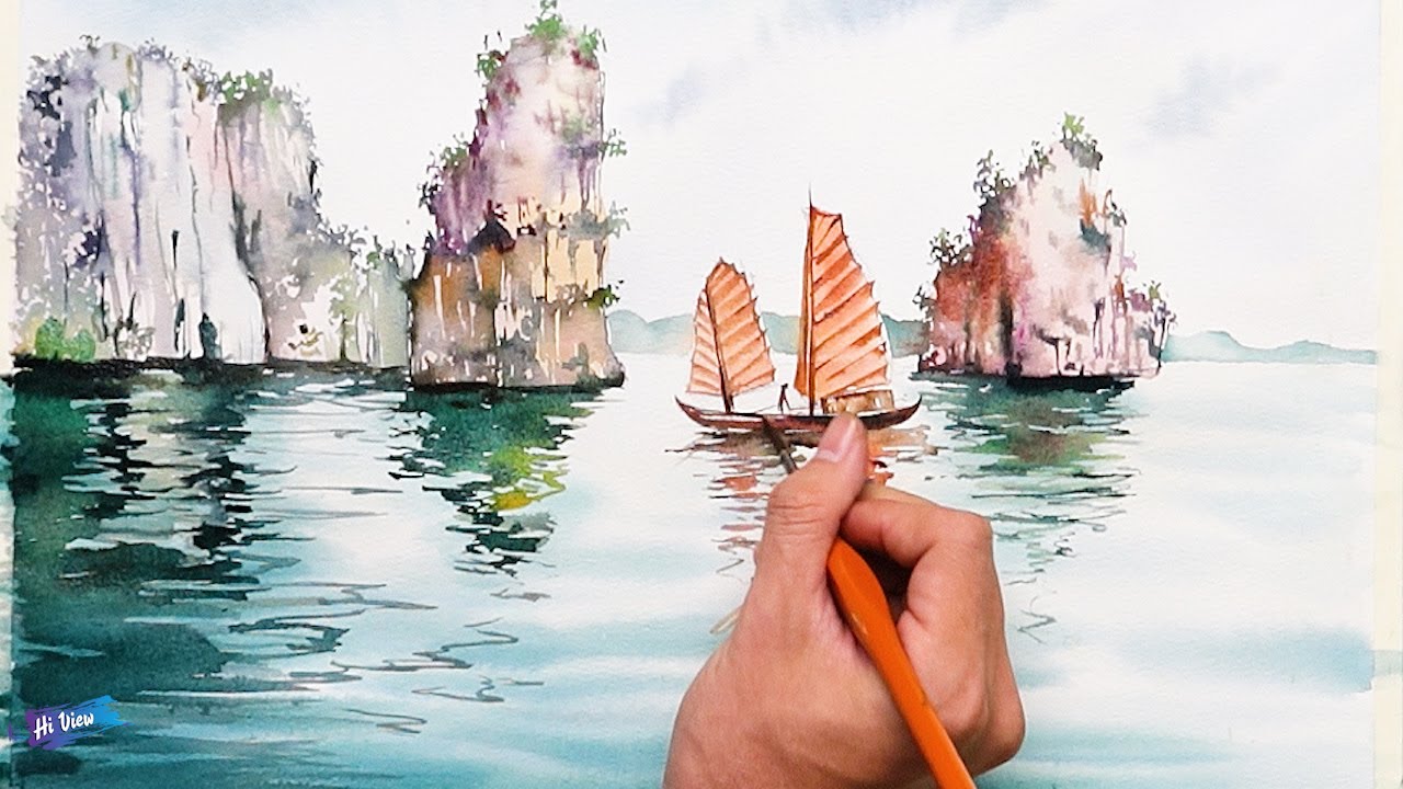 Ha Long Bay Watercolor | Easy Landscape Painting Tutorial - YouTube