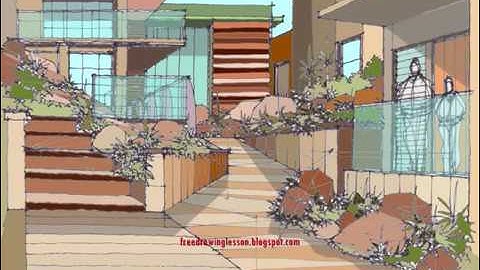 Draw a box : A garden... steps and ramp in a multi point perspective.. plus digital colouring.