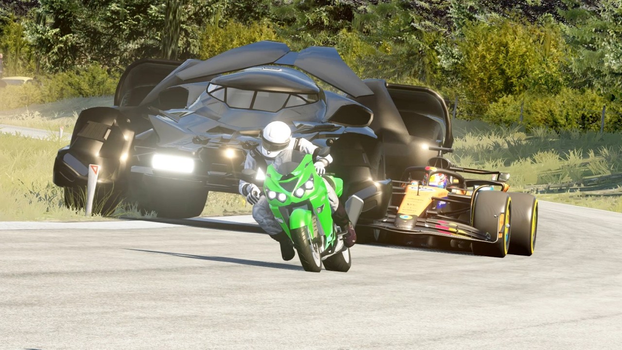 モルトVERSUS ギャイア Kawasaki Ninja ZX-14R vs Batmobile vs F1 McLaren MCL39 vs Mercedes