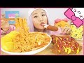 KOREAN MOZZARELLA CORN DOGS + SPICY FIRE CARBONARA NOODLES w/ RICE CAKES | MUKBANG