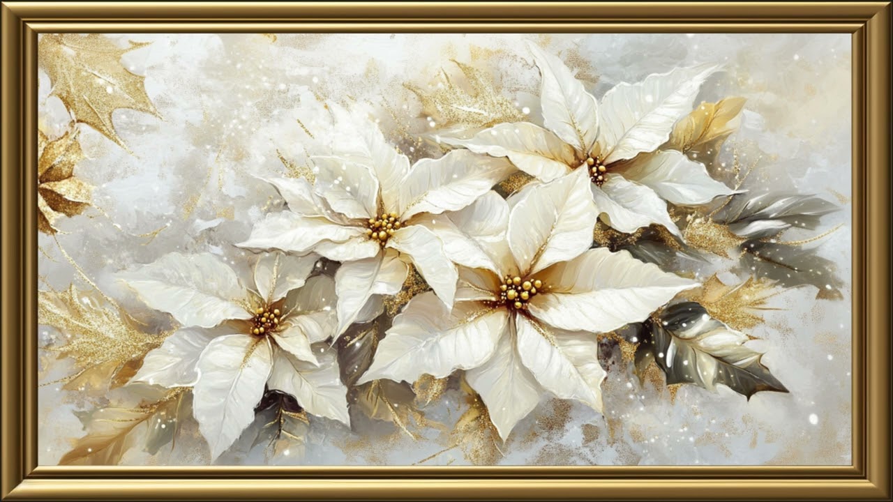 Vintage Poinssettias Christmas arrangement Painting | Gold Frame TV Art | Art Screensaver for TV