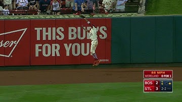 BOS@STL: Fowler runs into the wall to make a catch