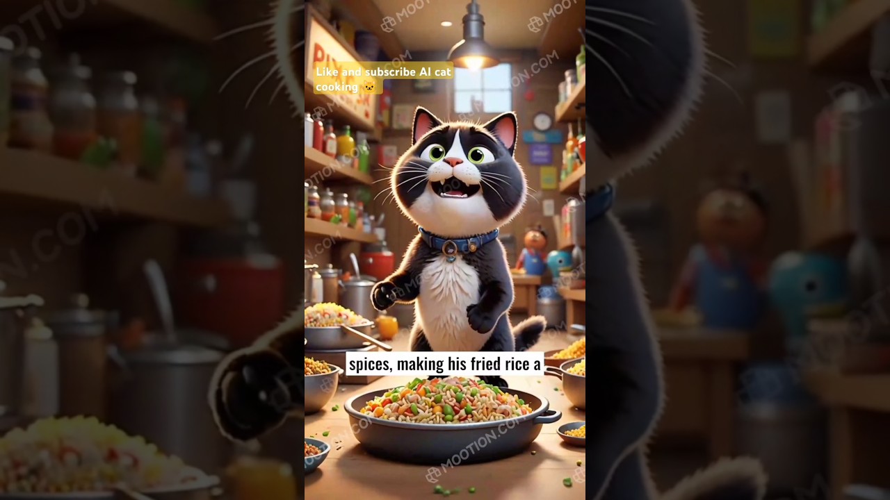 cat teaching how to cook a fried rice 😺 