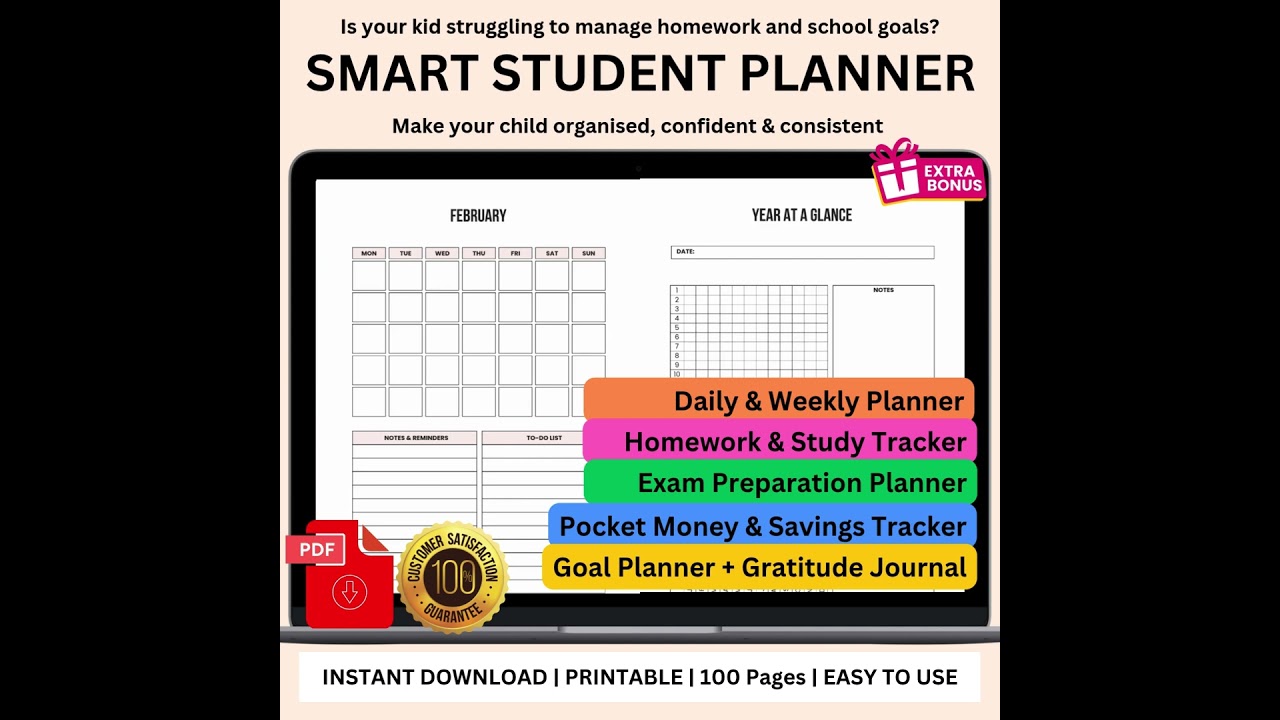 Smart Student Planner | 100-Page Printable | Study + Homework + Exam Tracker | Demo