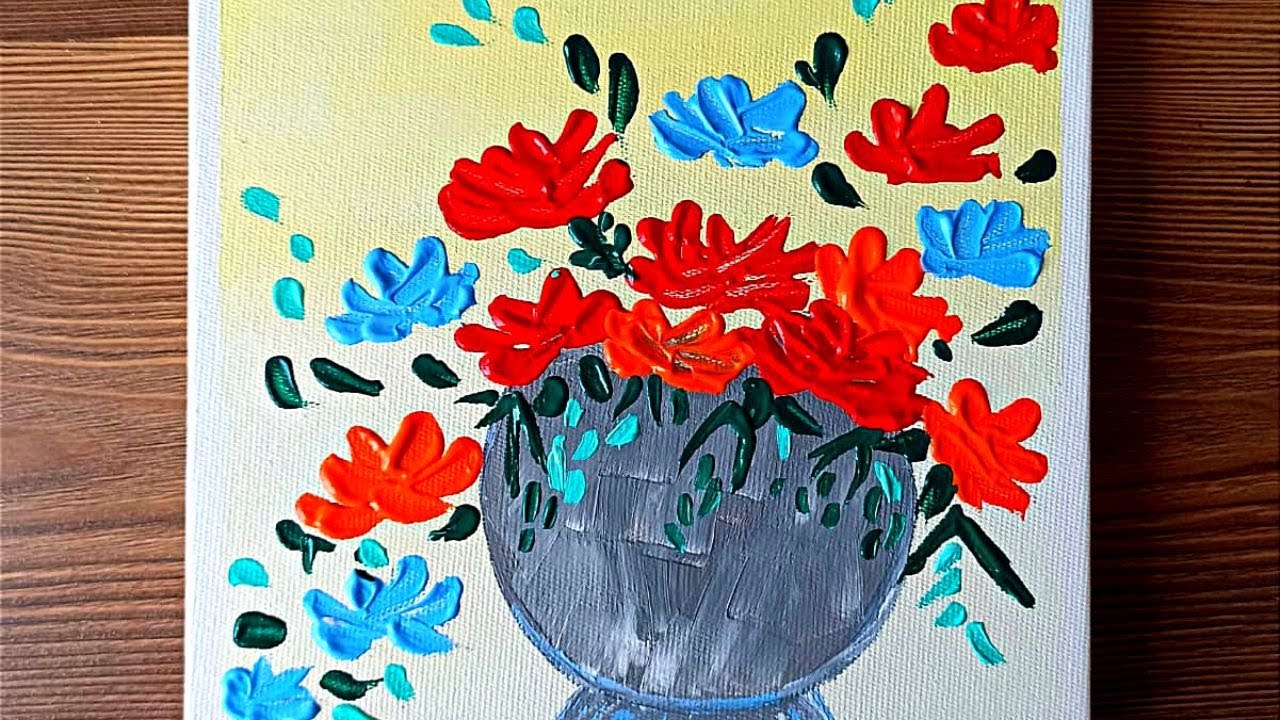 EASY FLOWER VASE ON SMALL CANVAS WITH ACRYLIC PAINTING FOR BEGINNERS