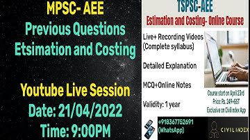 Previous Questions of MPSCI TSPSC I AEEI CIVIL ENGINEERINGI Estimation and CostingI#tspsc