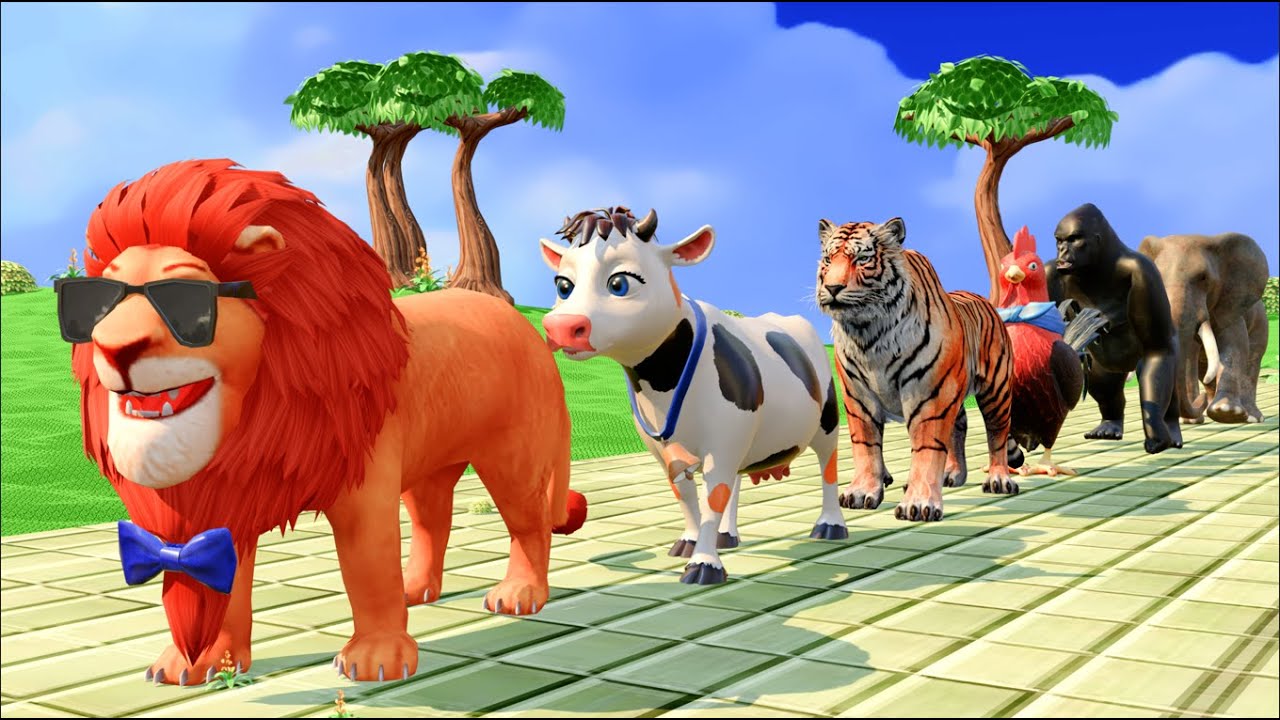 Long Slide Game with Cow Elephant Gorilla Hippopotamus Tiger 3d Animal Game Funny | rhymes and kids