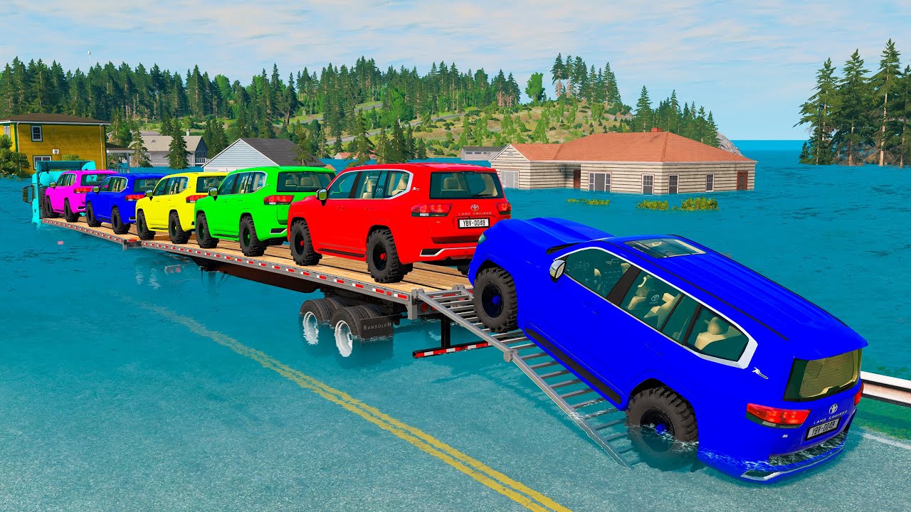 Triple Flatbed Trailer McQueen Transportation with Truck - Speedbumps vs Cars vs Train - BeamNG #258