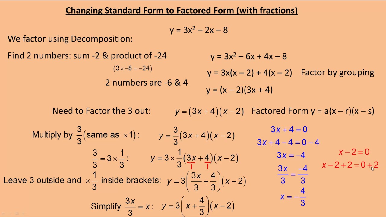 Changing Standard Form To Factored Form With Fractions Youtube