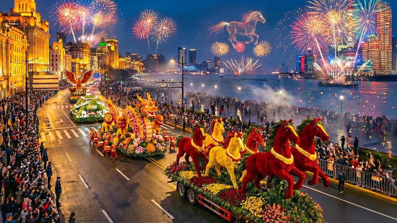 Праздничный парад в Шанхае в честь Нового года 2026 (4K) | Масштабный новогодний фейерверк 🎆