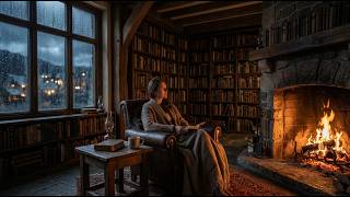 Rainy Evening in a Cozy Library 🌧️ Fireplace Ambience & Relaxing Music screenshot 5