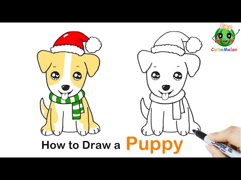 学画圣诞小狗🐶How To Draw A Funny Christmas Puppy|Christmas Arts| Easy Drawings for kids【西瓜宝宝学画画学英语】儿童简笔画教程