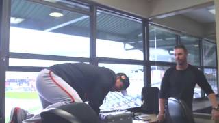 Matt Cain climbs through press box window to get to interview