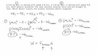 Two masses of different speeds experience same braking force. Which traveled further? | Physics