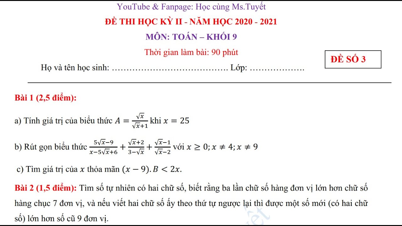 Đề thi môn toán lớp 9 học kì 2 | Toán 9 – Đề 03 – Giải đề thi Cuối Kỳ 2 môn Toán lớp 9 năm học 2020-2021