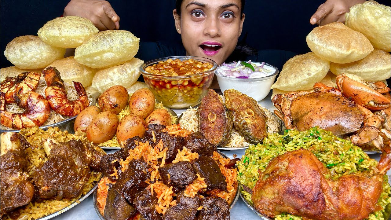 Chicken Biryani Mutton Biryani Prawn Biryani Egg Biryani Kaleji Biryani Fish Crab Puri Chole Eating 
