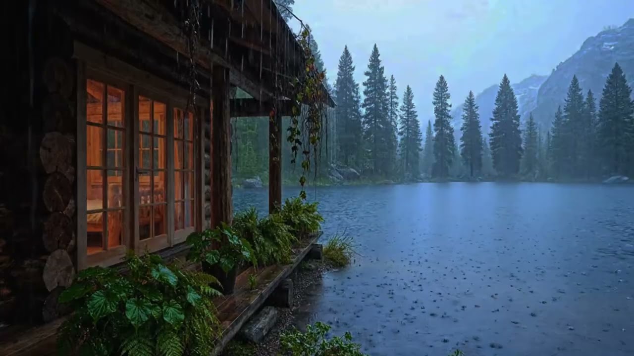 Relaxing Rainy Lake Cabin Ambience 🌧️ Cozy Wooden House by the Lake for Deep Sleep & Stress