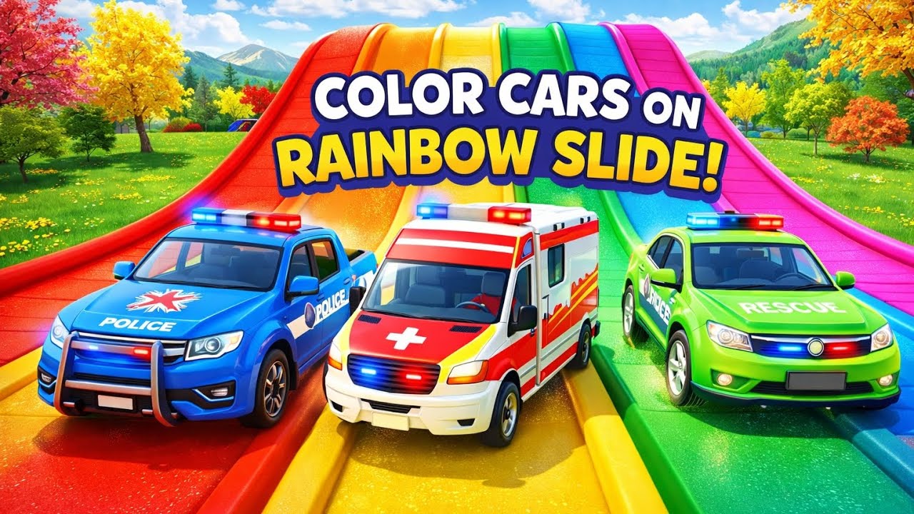 🌈 Colorful Cars on Rainbow Slide | Police, Ambulance & Fun Kids Cartoon