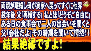 スカッとする話　両親が離婚し母が実家へ戻ってすぐに他界 数年後 父｢再婚する｣私と妹｢どうぞご自由に｣ある日の食事会で二人の出会いを聞くと 父｢会社だよ｣その時期を聞いて愕然！！