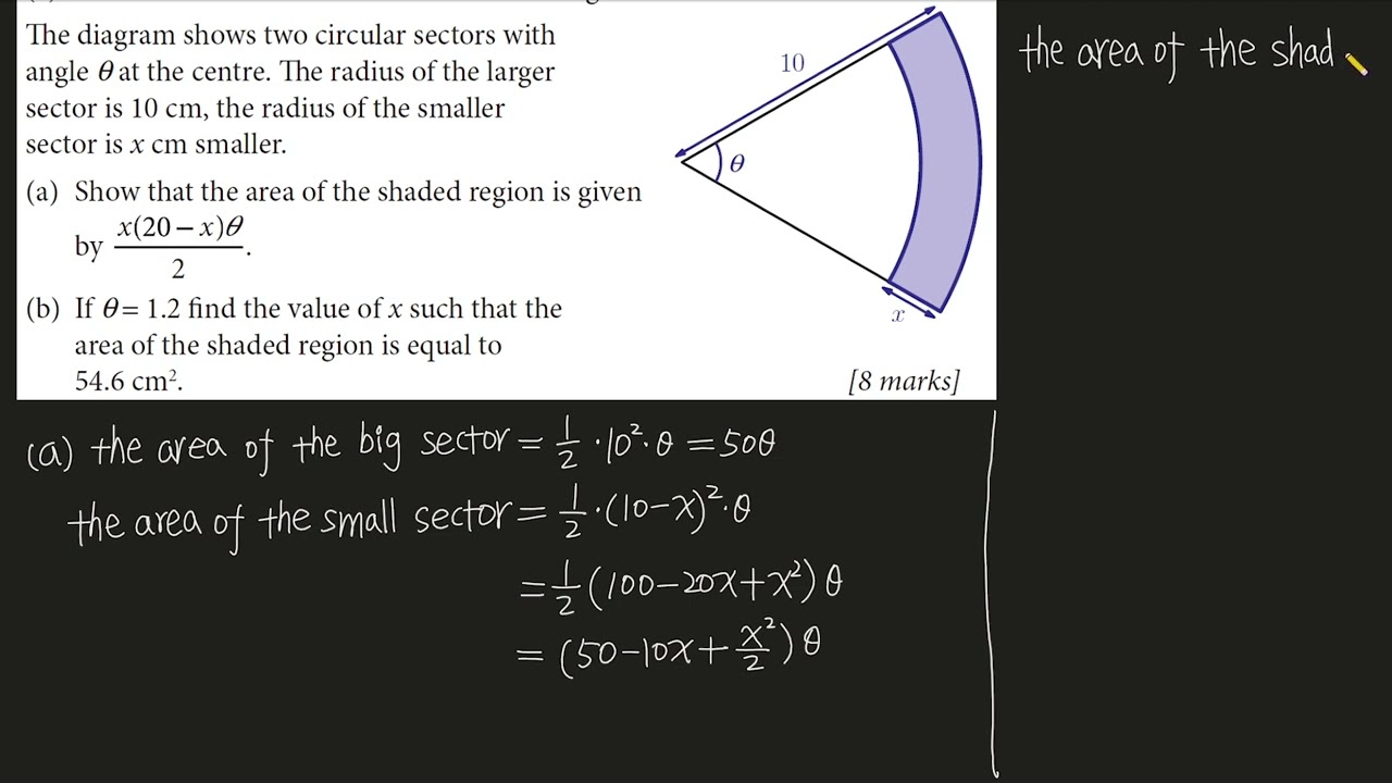 The diagram shows two circular sectors with angle θ at the centre. The radius of the larger sector