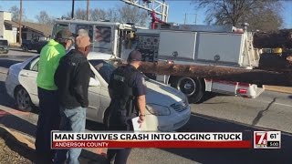 Driver survives log crashed through windshield